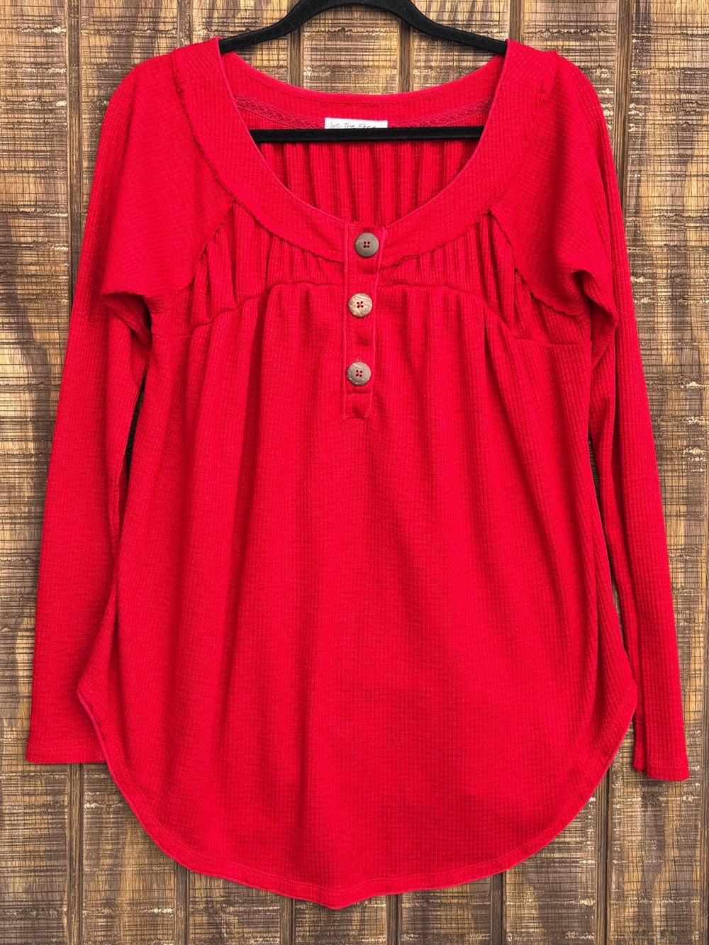 We The Free Free People Red Must Have Henley Waffle Knit Long Sleeve Top